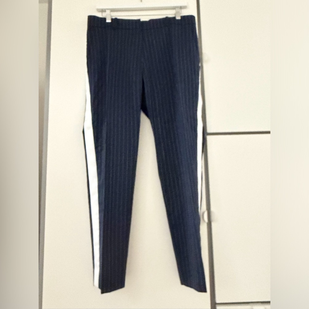 Navy Pinstripe Cropped Ankle Pants with White Side Stripe